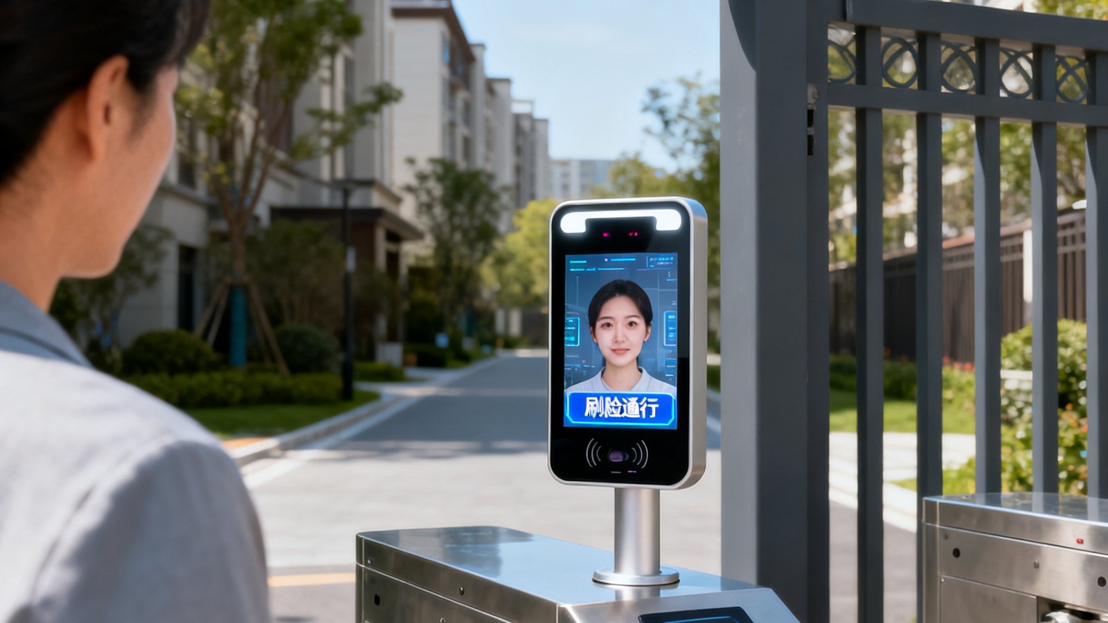 现代化社区的入口人脸识别门禁系统和周界AI监控摄像机，居民刷脸通行